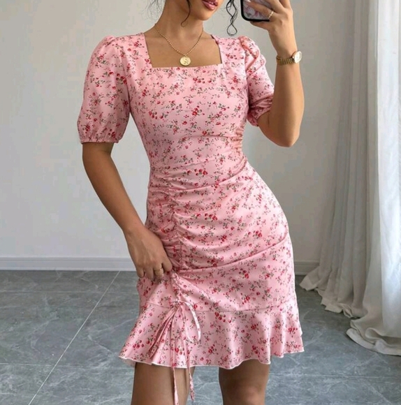 Pink Ditsy Floral Drawstring Ruffle Hem Mini Dress - Picture 1 of 4